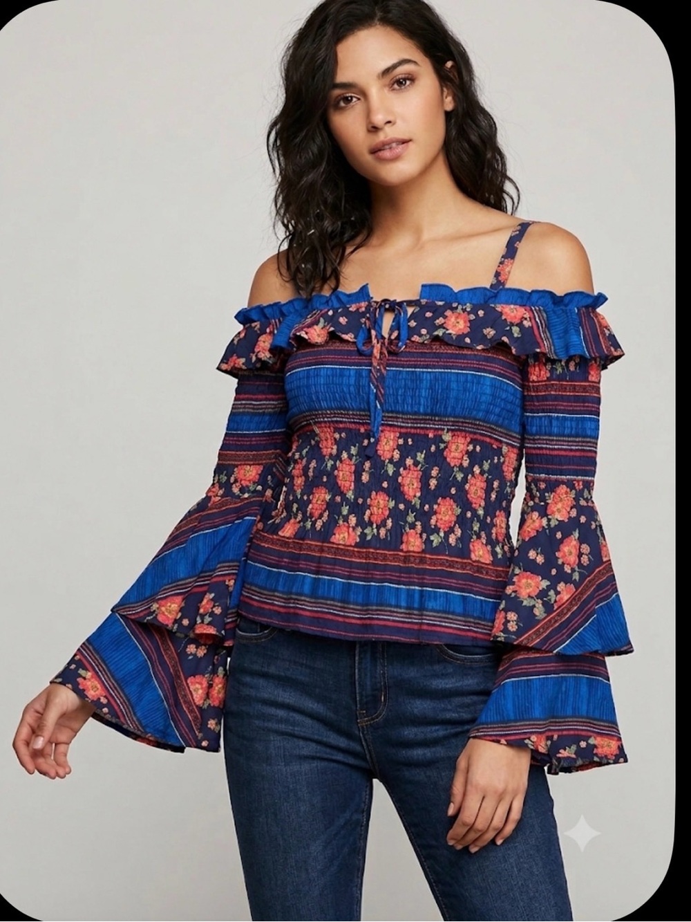 Democracy Navy and Royal Blue Floral Off-Shoulder Bell Sleeve Top